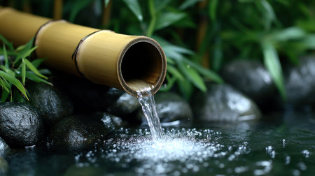 Water gracefully streams from a bamboo spout into a calm pond in a tranquil garden.の素材