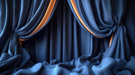 Rich blue drapes create a dramatic backdrop with orange highlights, perfect for a show.の素材