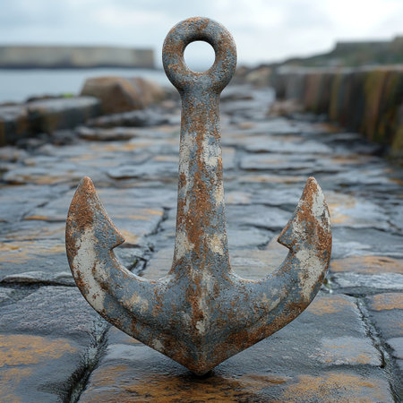 An old, rusty anchor stands on a rocky pathway near the shore, surrounded by calm waters.の素材