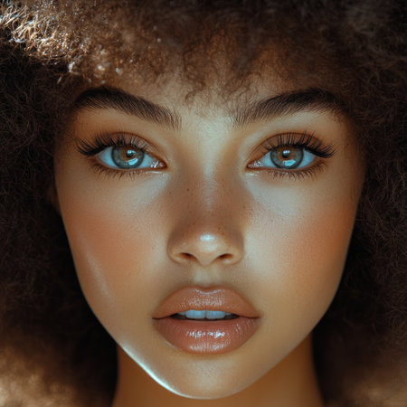 A young woman displays her radiant beauty with glowing skin and stunning blue eyes.の素材