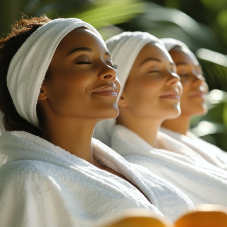 Three women in white robes relax together, embracing bliss in a peaceful spa setting.の素材