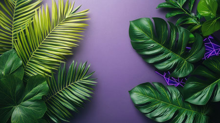 Lush leaves in various shapes and sizes are elegantly placed on a vivid purple backdrop.の素材