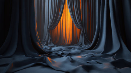 A beautiful scene reveals glowing fabric curtains, inviting exploration and imagination.の素材