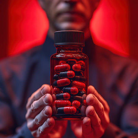 Person grips a bottle of striking red and black capsules in a moody setting.の素材