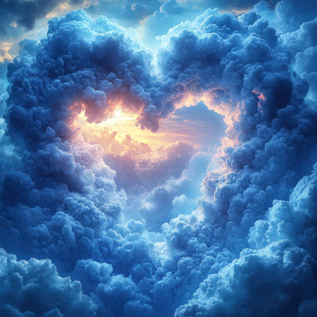 Soft clouds form a heart shape as they catch the warm colors of the sunset.の素材