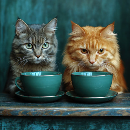 Two cats sit side by side, gazing intently at cups on a wooden table with a calm vibe.の素材