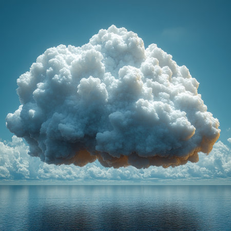 A large fluffy cloud hovers peacefully over clear ocean waves under bright blue skies.の素材