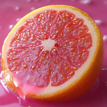 Juicy grape pinkfruit slice rests on a vibrant surface, showing its fresh beauty.の素材