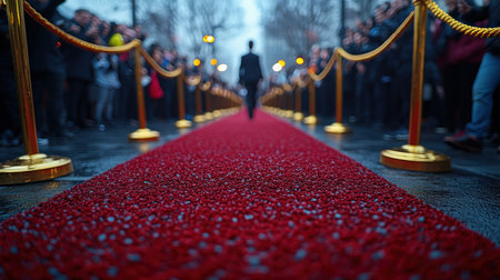 A well dressed person walks down the red carpet as a crowd cheers during an evening event.の素材