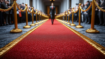 A stylish person confidently strolls down a red carpet with golden stanchions.の素材