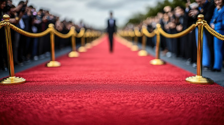 A crowd gathers on both sides of the red carpet for a thrilling event.の素材