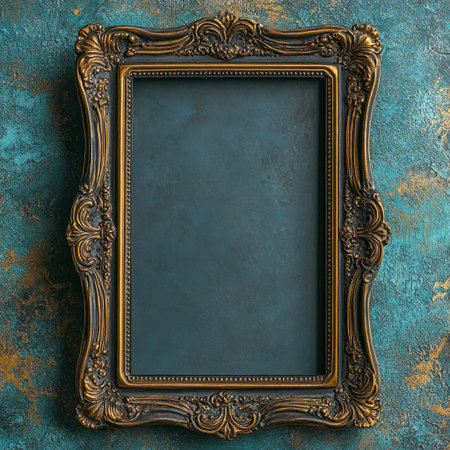 Ornate frame shines against a vibrant turquoise wall, exuding classic charm and elegance.の素材