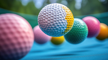 Colorful golf balls hover in a vibrant setting, creating a lively atmosphere.の素材