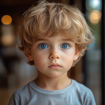 A young boy with curly hair and striking blue eyes looks curiously in a warm room.の素材