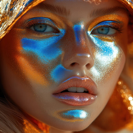 Model features striking metallic makeup in vibrant blue and orange tones.の素材