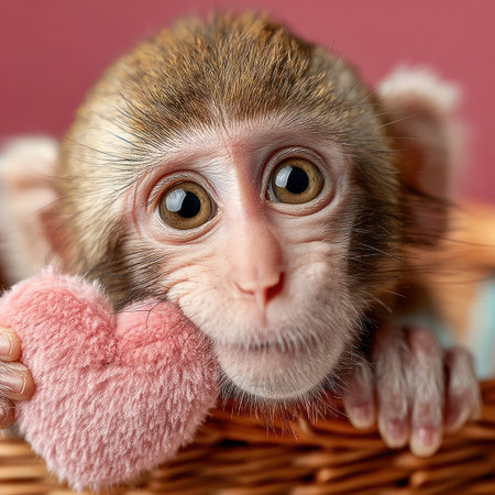 A playful monkey curiously holds a soft heart shaped toy in its paws, looking sweet.の素材
