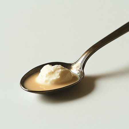 Spoon holds creamy dollop on a light background, sparkling flavor curiosity.の素材