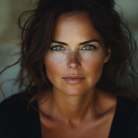 Woman displays striking green eyes and flawless skin, exuding confidence and grace.の素材