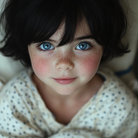 Young child with sparkling blue eyes and freckles looks playfully curious in soft attire.の素材