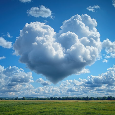 A beautiful heart shaped cloud hovers above a lush green field under a clear blue sky.の素材