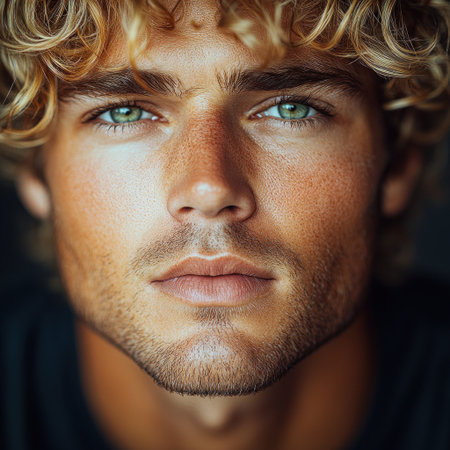 Young man with curly hair and green eyes stars confidently at the camera in a close up.の素材