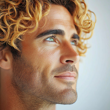 A young man with curly, golden hair looks up with a thoughtful expression in soft light.の素材