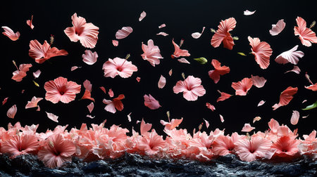Bright pink hibiscus flowers float in the air, creating an enchanting and vibrant scene.の素材