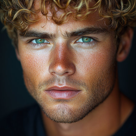 A young man with blue eyes and curly hair gazes intensely at the viewer.の素材