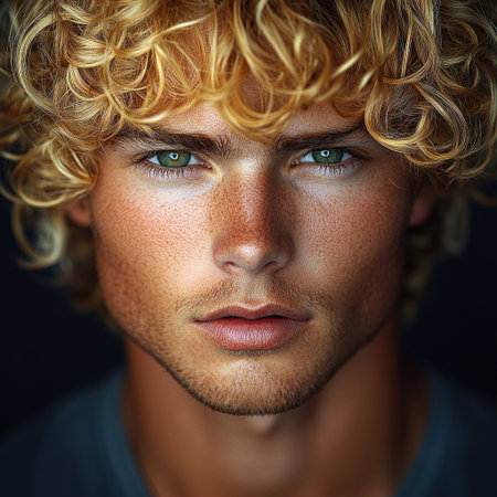 Young man with curly blonde hair poses with an intense gaze and natural glow.の素材