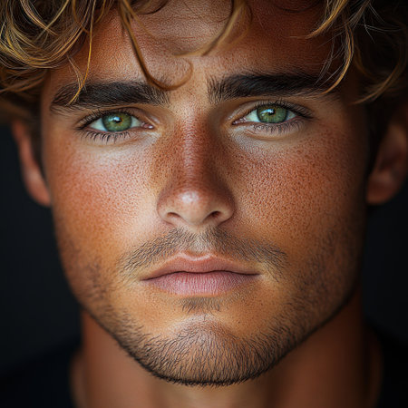 A young man with green eyes exudes charm and youthful energy.の素材