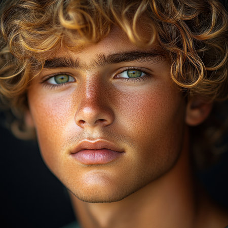 A young man with curly blonde hair and green eyes poses reflectively.の素材