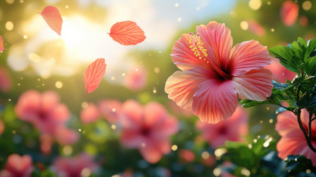 Colorful hibiscus flowers sway gently in the breeze, illuminated by warm sunlight.の素材