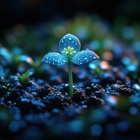 A small green plant with glistening droplets rises from rich morning soil.の素材