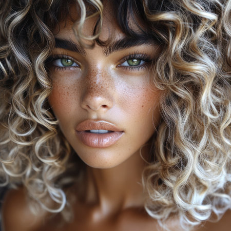 A young woman with curly hair and bright green eyes exudes natural beauty.の素材