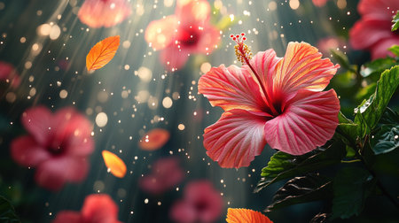 Sunlight glimmers on colorful hibiscus flowers as dewdrops fall.の素材