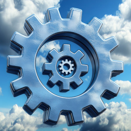 Large and small metal gears intertwine against a backdrop of fluffy clouds.の素材