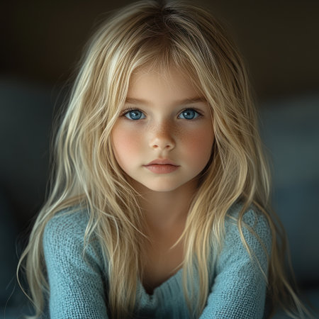 A young girl with beautiful blue eyes gazes softly while sitting in a warm, inviting room.の素材