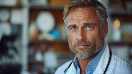 A skilled male doctor with a confident look is ready to assist patients in a clinic.の素材