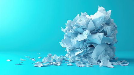 Crumpled light blue paper forms a striking sculpture on a bright turquoise surface.の素材