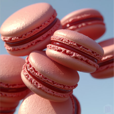 Pink macarons float in a bright blue sky, creating pure delight.の素材