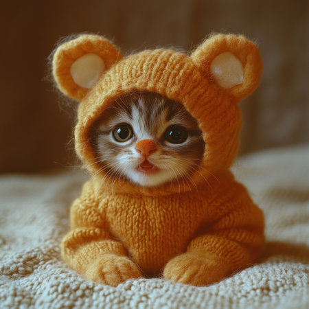 Adorable kitten in a soft orange bear costume relaxes comfortably on a blanket.の素材
