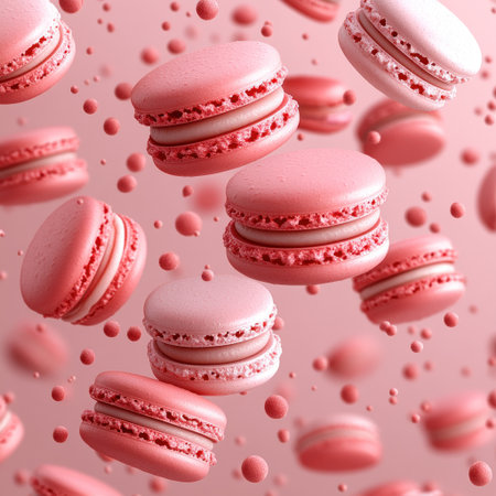 Pink macarons hover in mid air against a soft, playful backdrop filled with bubbles.の素材