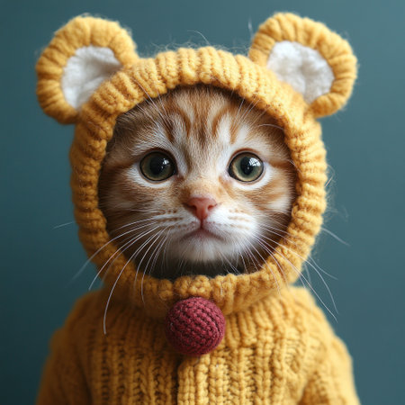 A cute kitten in a knitted bear outfit shows off its charming personality.の素材