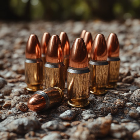 A group of metallic bullets lays scattered on gravel, reflecting sunlight beautifully.の素材