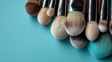 Colorful makeup brushes display various shapes and textures on a bright blue surface.の素材