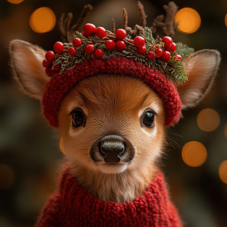 Adorable deer wearing a cozy red sweater and holiday hat stands in a festive setting.の素材