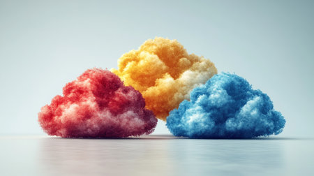 Three fluffy clouds in red, yellow, and blue float gently in a soft backdrop.の素材