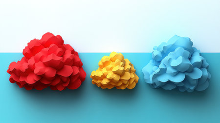Three soft, colorful formations in red, yellow, and blue stand against a light background.の素材