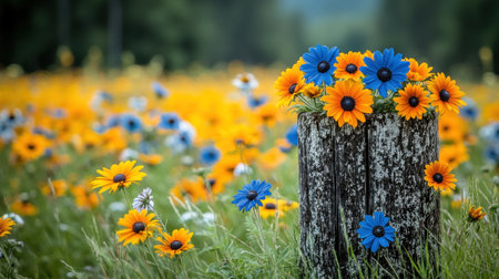 A rustic stump with blue and orange flowers stands in a vibrant meadow.の素材