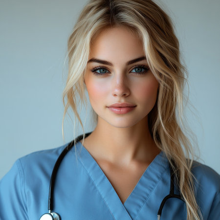 A confident healthcare worker in scrubs stands ready to assist in a welcoming space.の素材
